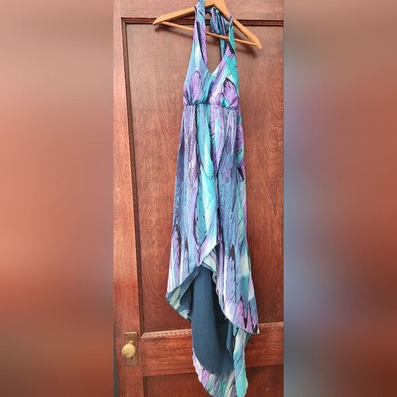 Enfocus Size 10 Aqua Purple High Low Halter Style Tie Dress - Picture 2 of 15